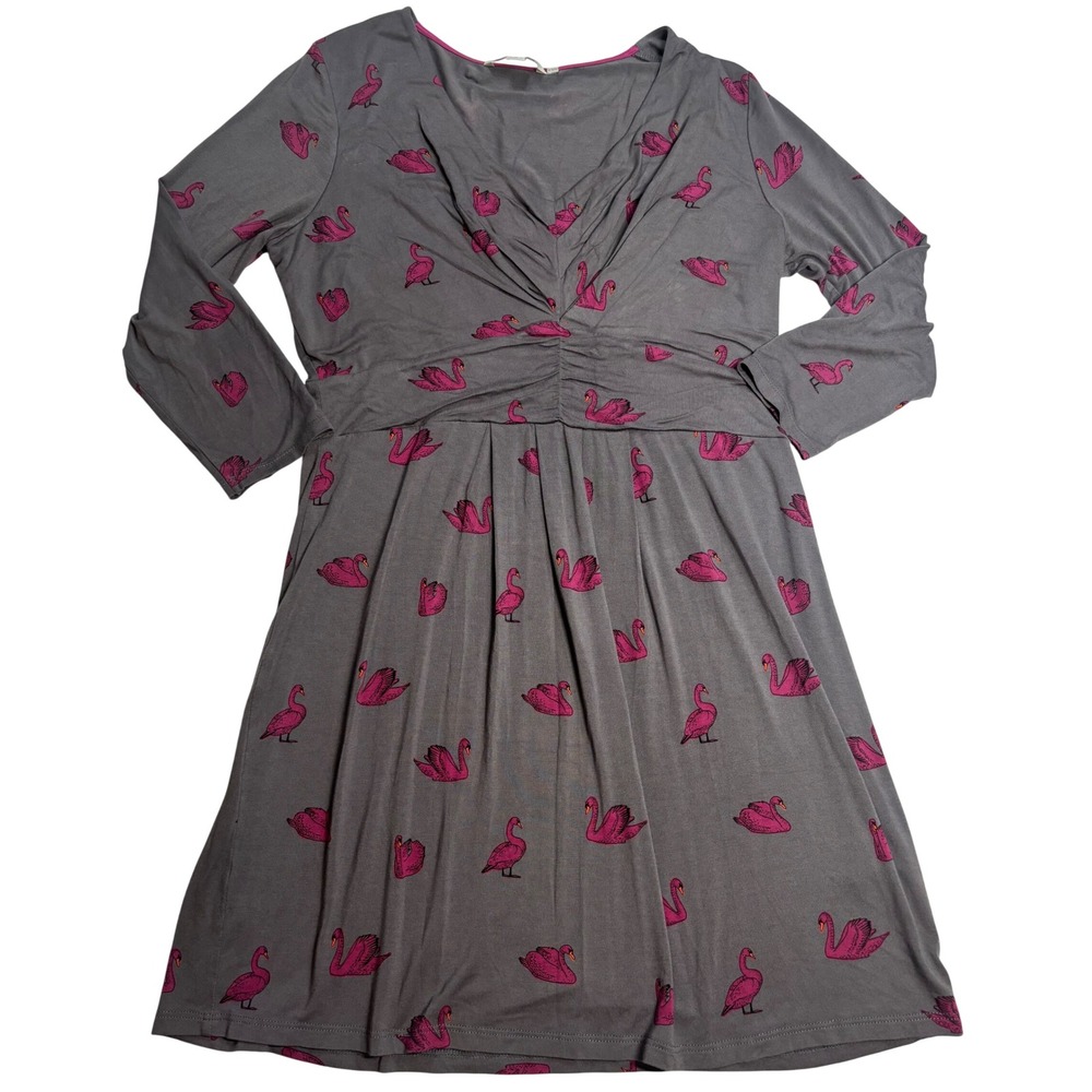 Boden Swan Print Jersey Dress Womens Grey Pink Excellent V-Neck Long Sleeve 12R